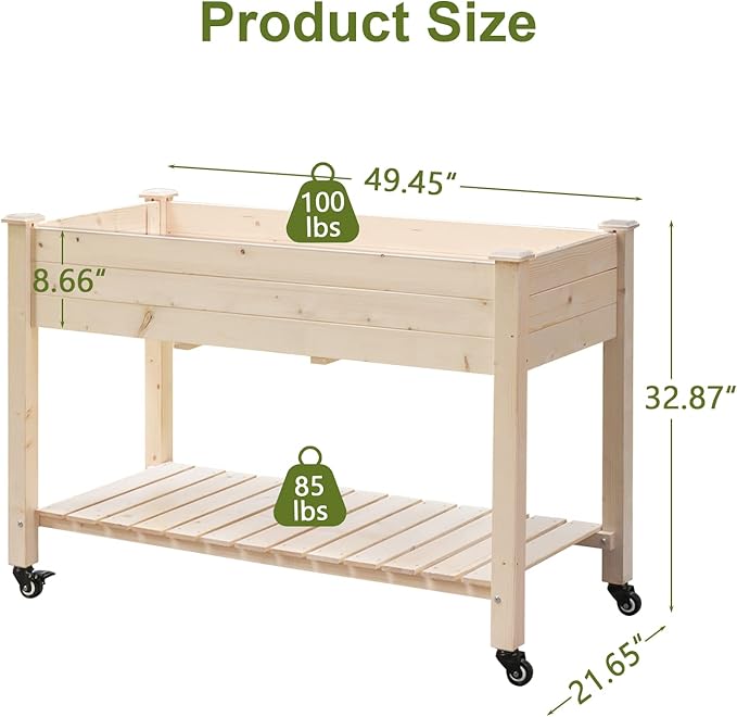 LYNSLIM Wooden Raised Garden Bed with Wheels &amp Shelf Elevated Planter Box for Flower Vegetable Grow Natural Cedar Wood Frame Gardening Planting BedEasy Assembly