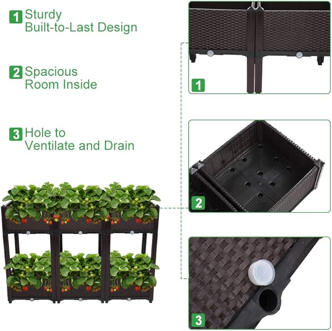 VINGLI Square Raised Garden Bed Self-Watering Plastic Planter for Indoor Outdoor Vegetables Fruits Potato Flowers All Weather (6 Pcs)