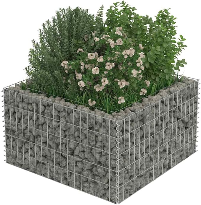 YAFF Square Gabion Raised Bed Galvanized Steel 35.4 x 35.4 x 19.7 inches Outdoor Garden Planter Silver