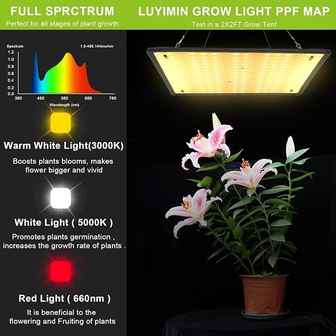 Full Spectrum LED Grow Light for Indoor Plants with UV&ampIR Sunlight Simulating Plant Hanging Grow Light for Seedlings Vegetables Peppers (60W Actual Power)