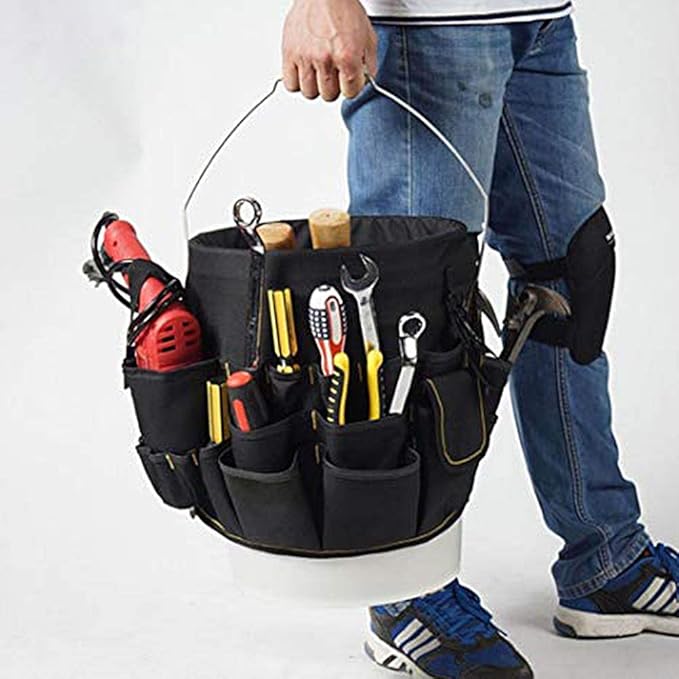 Gardening Tool Bucket Heavy Duty Gardening Organizer Tote with 56 Pockets 600D Garden Bags Storage Carrier for Garden Sturdy Canvas Tool Storage Set for Women Men Gardener(Black)