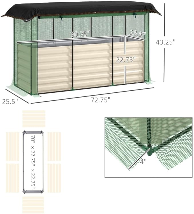 Heavy-Duty Galvanized Steel Raised Garden Bed with Integrated Crop Cage and Adjustable Shade Cloth for Outdoor Vegetable and Flower Growing (Beige + HDPE + Steel-1)