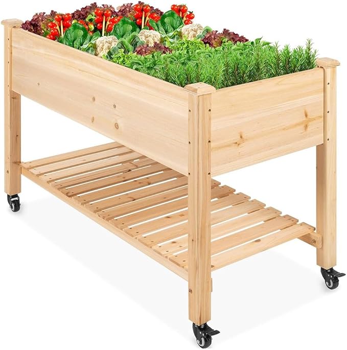 Raised Garden Bed with Legs and Wheels Wooden Planter Boxes Outdoor Mobile Elevated Planter Box Standing Garden Box for Backyard Patio Balcony