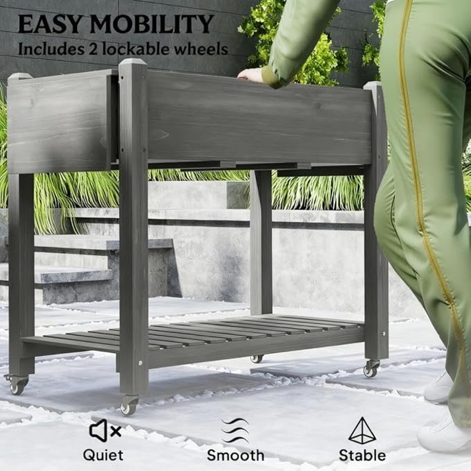 Sturdy Wooden Raised Garden Bed with Lockable Casters Built-in Side Shelves and Drainage System for Easy Urban Gardening (Grey + Wood)