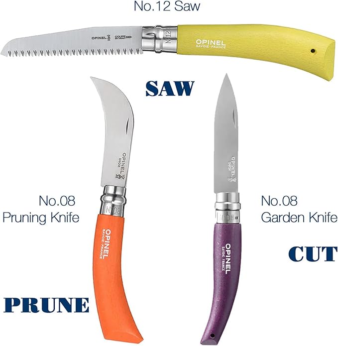 Opinel 3 Piece Gardening Tool Set - No. 12 Folding Saw No. 8 Pruning Knife No. 8 Garden Knife - Vibrant Painted Handles Stainless Steel and Carbon Steel Blades - Made in France