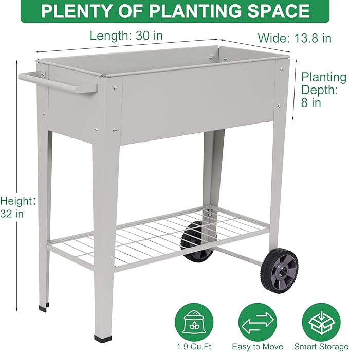 Elevated 32 Tall Raised Garden Bed with Legs and Wheels for Mobility Metal Planter Boxes Outdoor with Shelf Raised Bed for Gardening Vegetables/Herbs Backyard Patio Balcony Grey