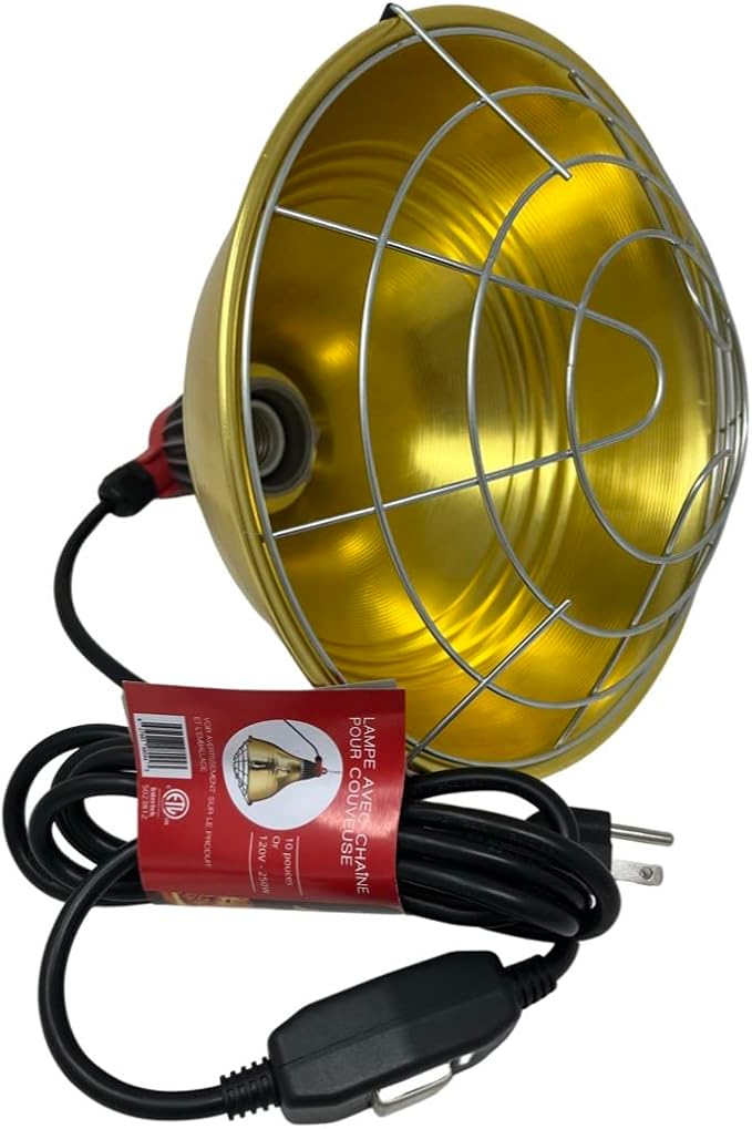 Ma Poule Express Golden Aluminum Base Heating Lamp – 10.5 Inch Incubator Lamp with 2 Adjustable Intensities – Long 2M Chain Grow Lamp for Optimal Heat Dissipation – Works with 250W Bulbs