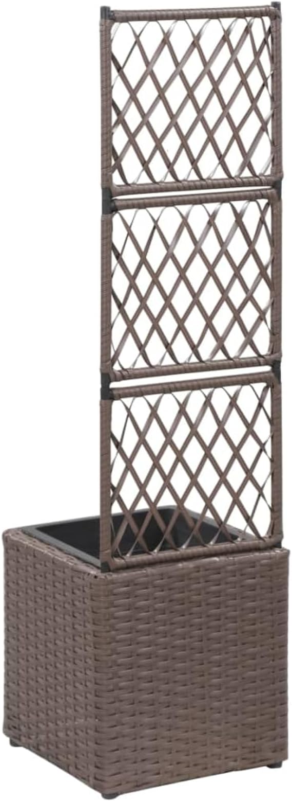Raised Bed with Trellis 1 Pot 30 x 30 x 107 cm Poly Rattan Brown Planter Balcony Raised Bed Kit Greenhouse Wood