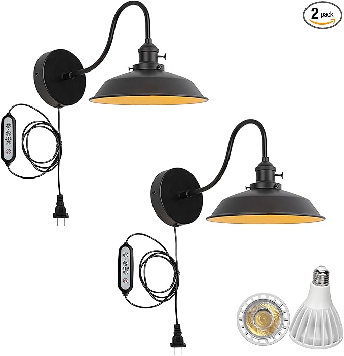 2-Pack Hook Mounted Plant Light Full Spectrum 6000K 25W White Light Timing Plug in Cord Industrial Style Goose Neck Wall Lamp for Flowers Growing Indoor Plants