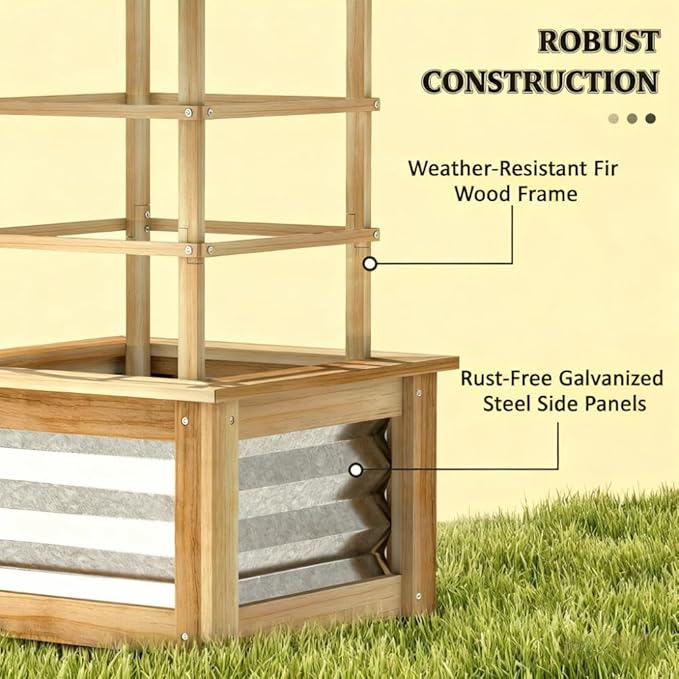 Galvanized Planter Box Elevated Garden BedWooden Raised Garden Bed with Trellisfor GardenPatio