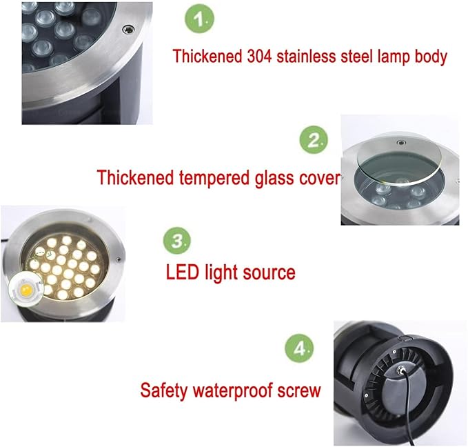 LED Buried Lights -Outdoor Landscape LampRecessed Adjustable Angle Spotlight IP67 Waterproof Round 30° Polarized Ground Light Garden Courtyard Decorative FloWhite-48W