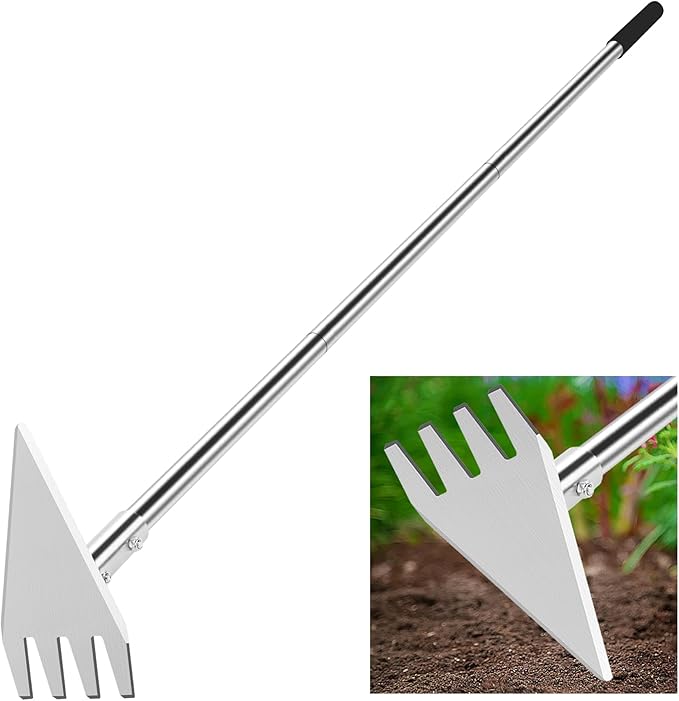 Dual Headed Hoe Garden Tool Adjustable Long Handle Weed Puller Stainless Steel Hoe Cultivator and Weed Rake Gardening Tool for Gardening Planting Weeding Digging Loosening Soil