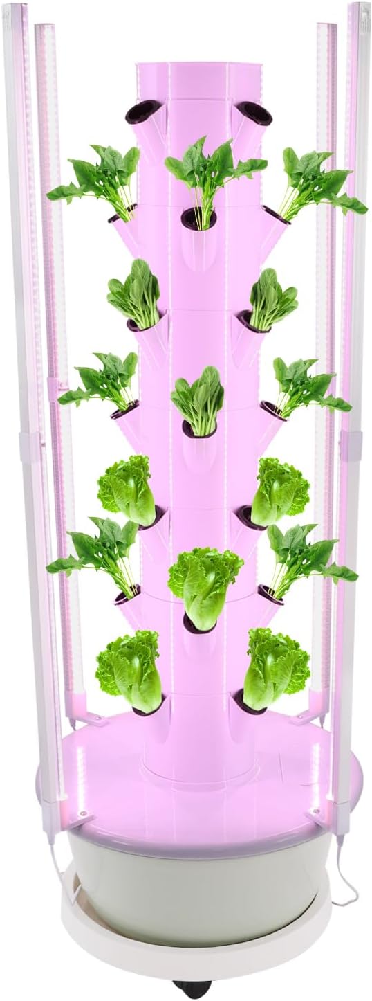 Hydroponic Growing Tower 28 Holes Indoor Garden System with LED Grow Light &amp Timer Vertical Aeroponic System for Balcony Home (Light Green)