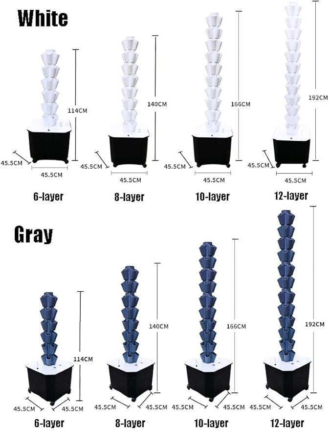 Hydroponics Tower 6/8/10/12 Layers Aeroponic Garden Tower Hydroponics Growing Sys-tem Kit for Herbs Fruits and VegetablesGrey-12LAYERS