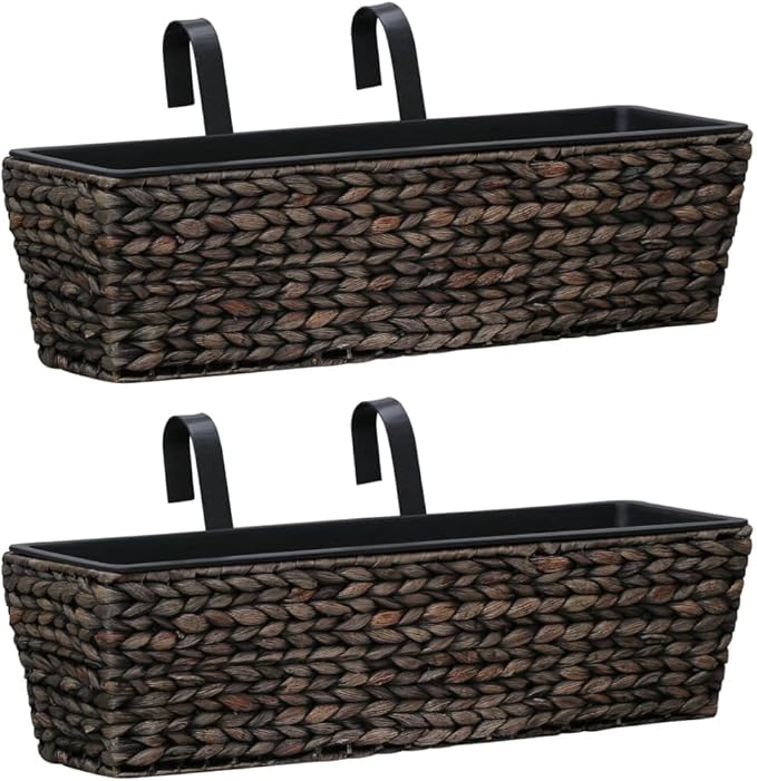 Garden Planter Set of 2 Brown Water Hyacinth Woven Steel Frame 23.6 Inch Rectangular Outdoor Planters for Deck Balcony Patio