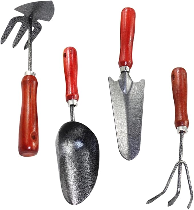 Garden Tool Set 4pcs Hand Trowel Spade Rake Mini Metal Shovel Gardening Tools for Planting Transplanting Soil Digging in Home Garden and Flower Pots