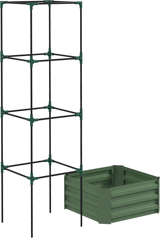 Galvanized Steel Raised Garden Bed with Built-in Trellis 24x24 Open Bottom for Climbing Plants &amp Vegetables Backyard Gardening