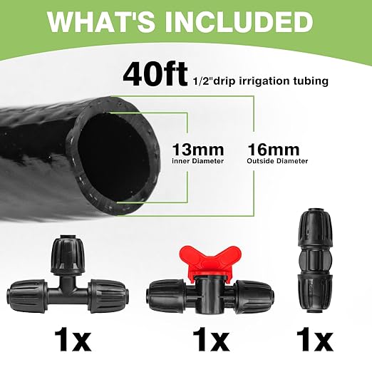 40 FT 1/2 inch Drip Irrigation Irrigation kit Main Line Supply Hose Tube for Garden Irrigation System (Includes 1/2 Straight Connector 3-Way Connector Switch Valve) Black