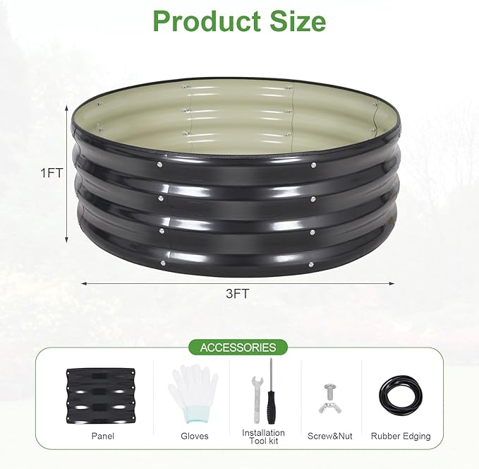 Galvanized Raised Garden Bed- 2Pcs Metal Planter Boxes Outdoor | 12 Tall 36 Round Steel Raised Bed Kit &amp Fire Pit Ring for Gardening with Protective Tape for Vegetables Flower (Grey)