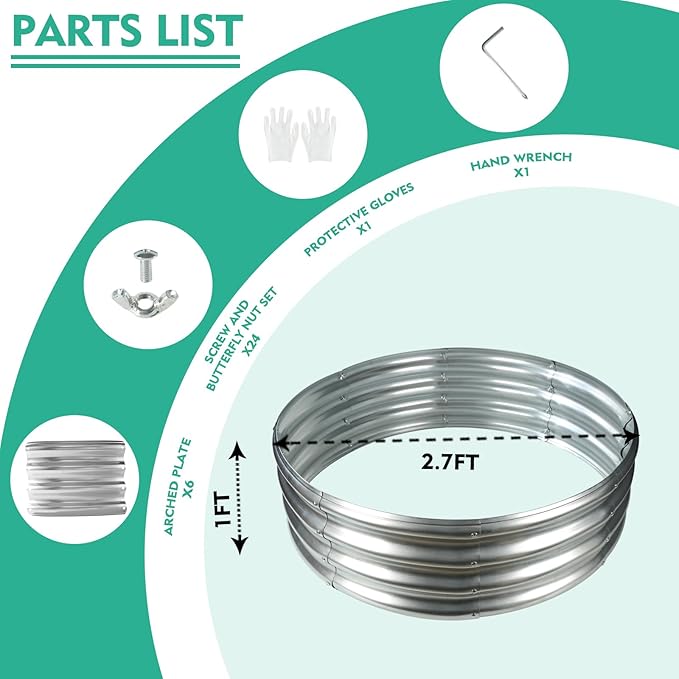 2.7FT Diameter Galvanized Garden Raised Bed/Plant Box/Fire Pit Ring-0.8mm Thick12 Inch TallCrimped Edge and CornerNo SharpePerfect for Plantings (Silver 32 Dia X 11.5 inches)