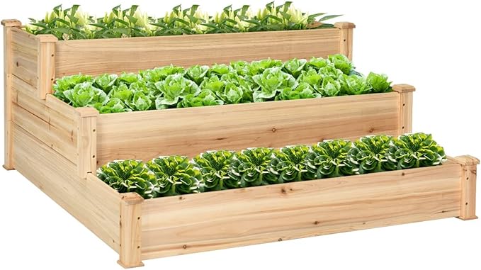 S AFSTAR 3-Tier Raised Garden Bed Wood Elevated Planter Box with 3 Dividable Bed Kit Outdoor Above Ground Garden Beds for Plants Herbs Vegetables Stackable &amp Flat Arrangement 49L x 49W x 22