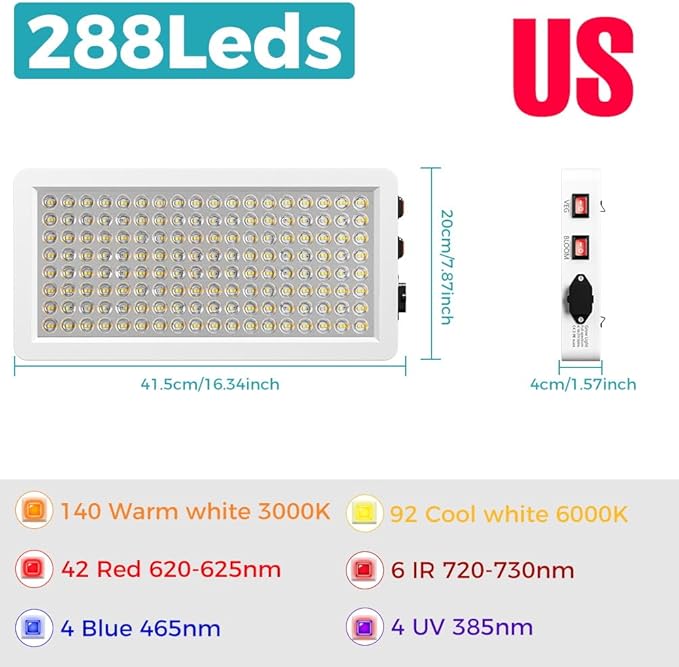 500W LED Grow Light Red Blue Full Spectrum Plant Lamps 288Led Fill Lights Veg/Bloom Modes Dimmable Daylight Greenhouse Hydroponics 100-277V Indoor UV IR Flowers Cultivation Lighting with Hook US Plug