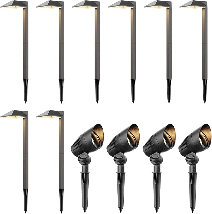 VENUS MANUFACTURING 12PK Outdoor Low Voltage Landscape Lights Kits with 8 Pack Black 0.6 Watt 22 Lumen LED 12V Path Light &amp 4 Pack 5 Watt 400 Lumen Spotlights and for Pathway Sidewalk Light