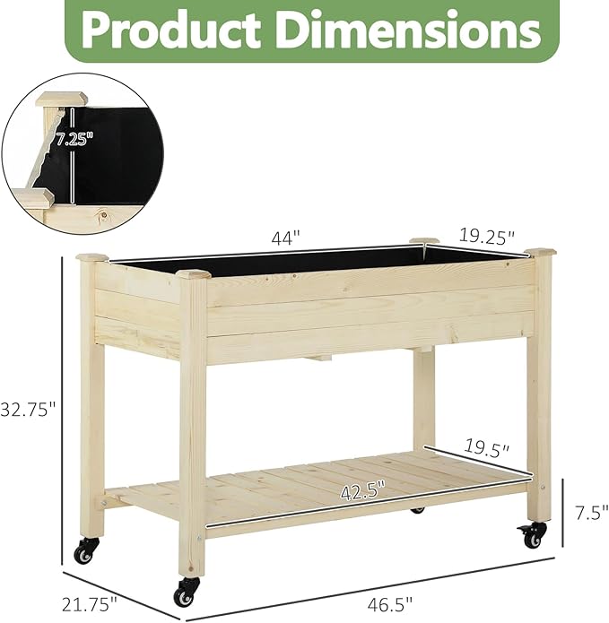 Elevated Herb Garden BedWooden Standing Planter Box with WheelLegs and Storage ShelfPatio Raised Garden Bed for HerbsVegetablesFlowers (Cream White 46.5 Inch)