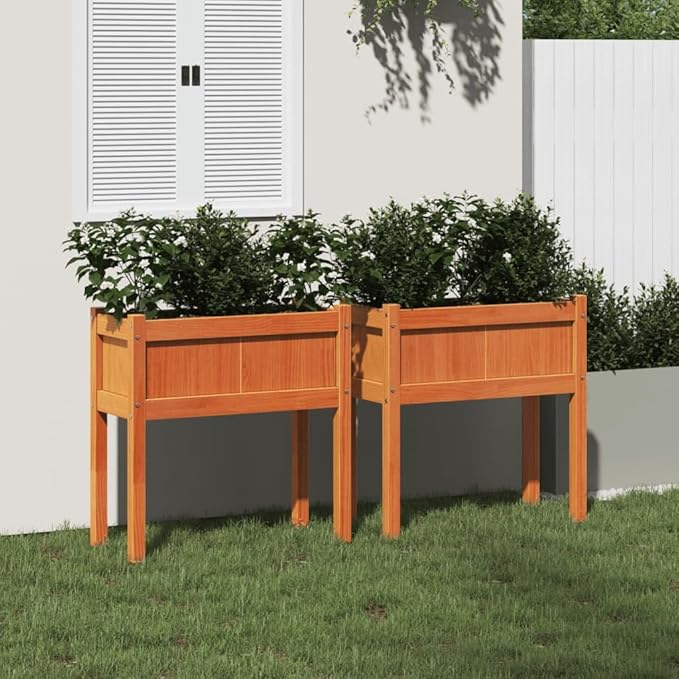 Garden Planter Set of 2 Wax Brown Solid Pine Wood 27.6x27.6x27.6 in Outdoor Rectangular Raised Garden Bed for Balcony Patio