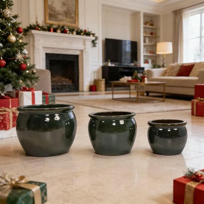 Handmade Dark Green Glazed Ceramic Planter Set of 3 15129 Inch Diameter Solid Glossy for Succulents Herbs Outdoor G Indoor Staircase Use Breathable Clay with Drainage Holes