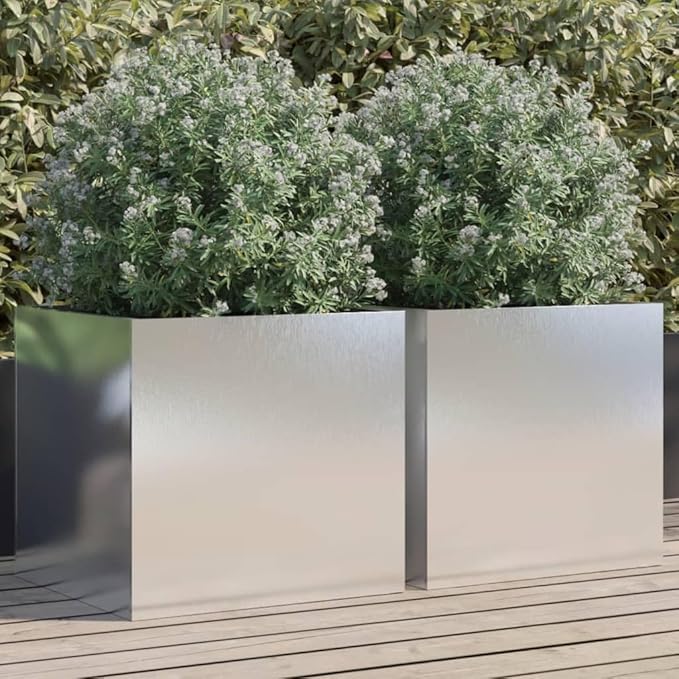 2-Pack Silver Stainless Rectangular Planter 18.5x19.3x18.1 in Balcony Patio Indoor Garden Box