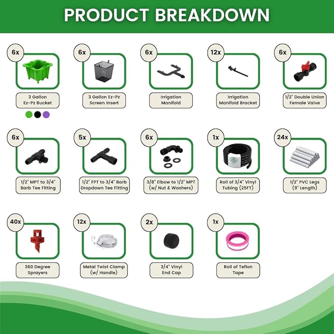 The Bucket Company 3 Gallon Grow System for Plants | 2-in-1 Top Feed Watering System Bucket Kit Works with Drain to Waste &amp Recirculating Gardening Applications (6 Buckets) (Green)