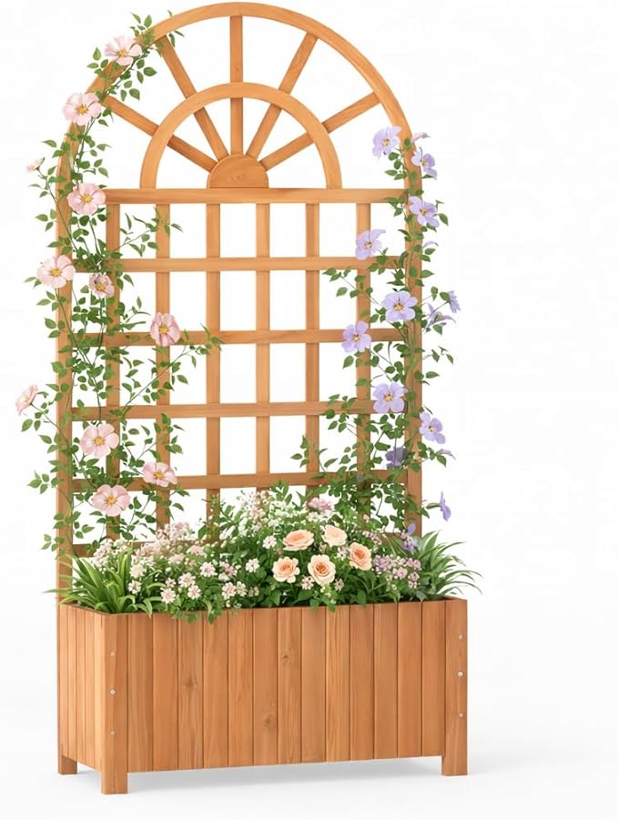 Giantex Wooden Raised Garden Bed with Arched Trellis 71” Fir Wood Outdoor Elevated Planter Box Privacy Screen with Drainage Holes Vertical Garden Bed for Climbing Plants Patio Balcony Backyard