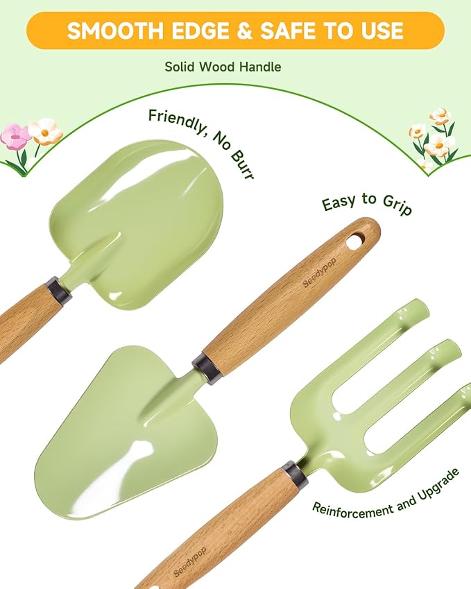 Handmade Kids Gardening Tools Set - 8Pc Artisan Garden Kit with Real Wood Handles Metal Heads Frog Hat Panda Apron &amp Tote - Nature Learning Gift for Toddlers &amp Kids (Sage Green)