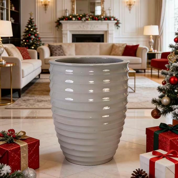 Handmade White Ceramic Planter 17 Diameter 1 Horizontal Ripple Ice Crack Pattern for Monstera and Fiddle Leaf Fig Indoor Outdoor Doorway Use Breathable Clay