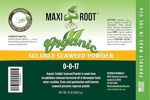 Organic Soluble Seaweed Powder 0-0-17 CDFA OMI Registered (1 LB) for Lawns Vegetable Gardens Shrubs and Trees
