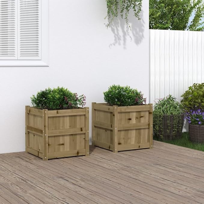 Garden Planter Set of 2 Natural Wood Impregnated Pine Wood Square Raised Garden Bed for Outdoor Plants 19.7 Inch Tall Planter Box for Patio Balcony Deck
