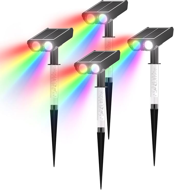 Color Changing Solar Spot Lights Outdoor with PC Light Guide Column 8 Lighting Modes Christmas Outdoor Spotlight IP65 Waterproof RGB Solar Spotlight for Garden Yard Tree Pathway 4Pack