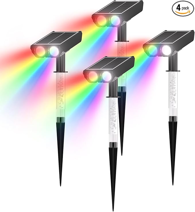 RGB Solar Spot Lights : 2 IN 1 Solar Lights Outdoor with 8 Lighting Modes &amp PC Light Guide Column for Tree Garden Yard Pathway | RGB Color Changing Landscape Lights | IP65 Waterproof | 4 Pack