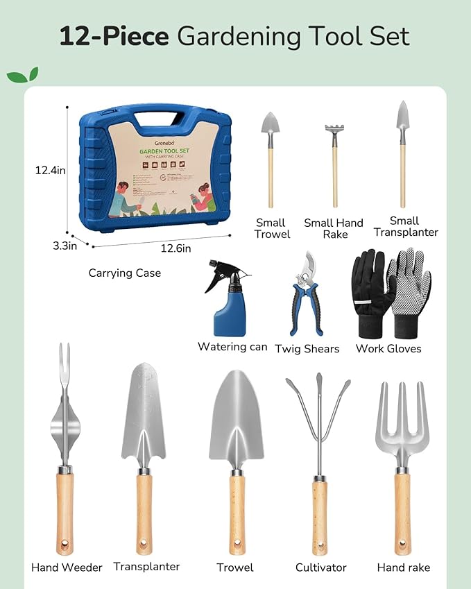 12-Piece Gardening Tool Set for Men Rust-Proof &amp Heavy-Duty Hand Garden Tools with Sturdy Blue Carrying Case Practical &amp Stylish Gardening Gifts for Men (Blue)