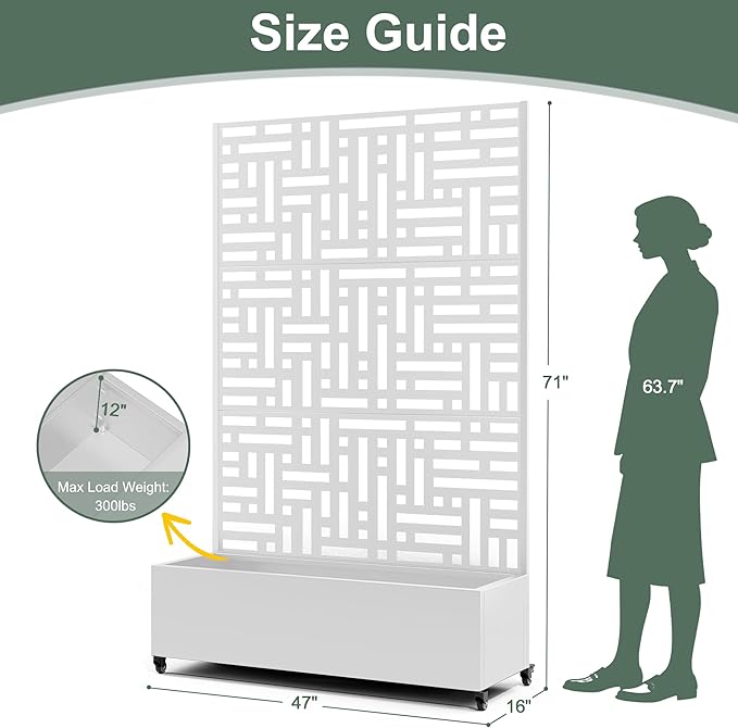 Large Raised Garden Beds with Trellis &amp Wheels Metal Planter Box with Privacy Screen for Climbing Plants Vegetables Fruits 47L Garden Boxes Outdoor with Drainage Holes (White Street)