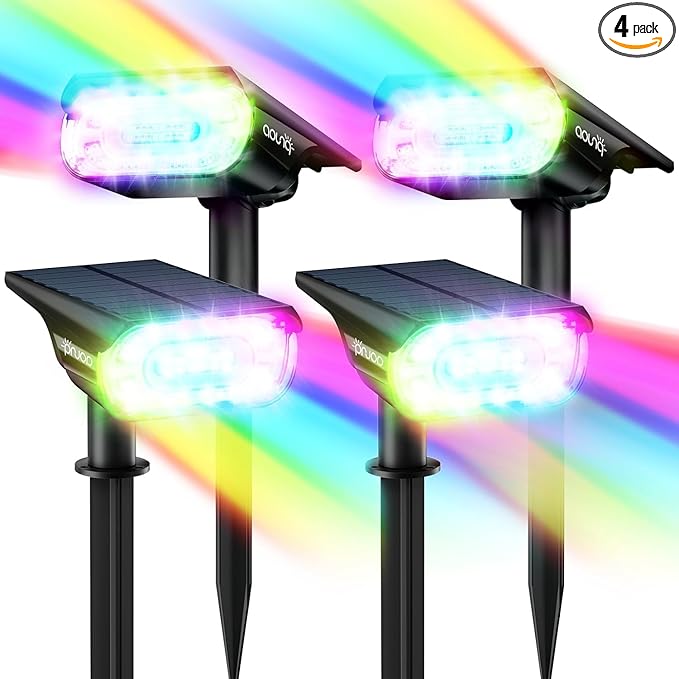 68 LEDs RGB Solar Spot Lights 1000 Lumens 9 Lighting Modes Color Changing Solar Outdoor Lights IP67 Waterproof 2-in-1 Landscape Garden Light for Yard Patio 4 Pack
