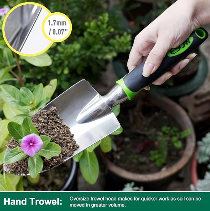 ESOW Garden Tool Set 3 Piece Cast-Aluminum Heavy Duty Gardening Kit Includes Hand Trowel Transplant Trowel and Cultivator Hand Rake with Soft Rubberized Non-Slip Ergonomic Handle Garden Gifts