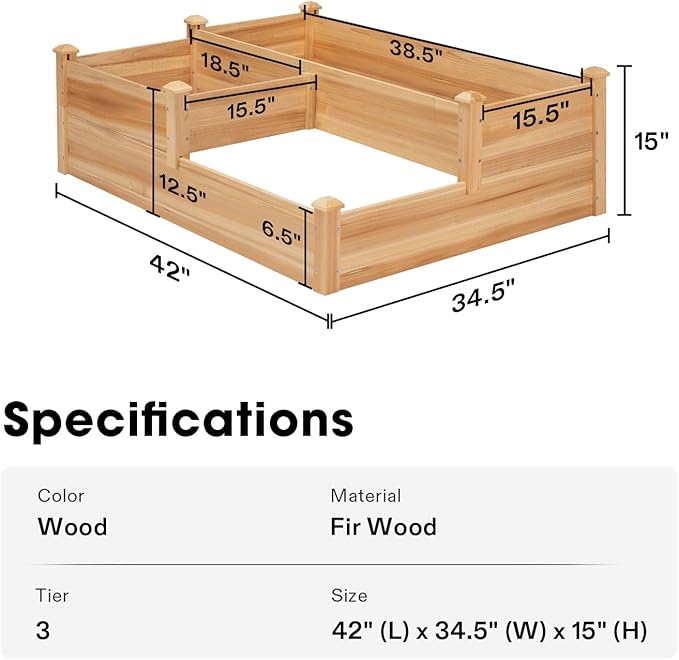 VIVOSUN 3-Tier 3-Grid Wooden Raised Garden Bed 42.5 x 34.5 x 15 Inches Outdoor Elevated Wood Planter Box with Screwdriver for Gardens Patios Backyards Balcony and Outdoors
