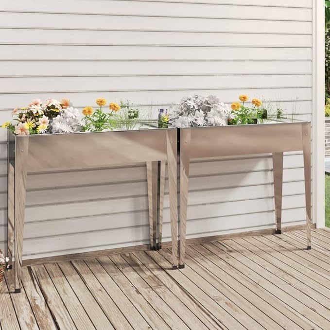 Galvanized Steel Planter Box Metal Outdoor Raised Garden Beds - Large Tall Gardening Planter Set - Vegetable Plant Flower Growing Pots 2 pcs