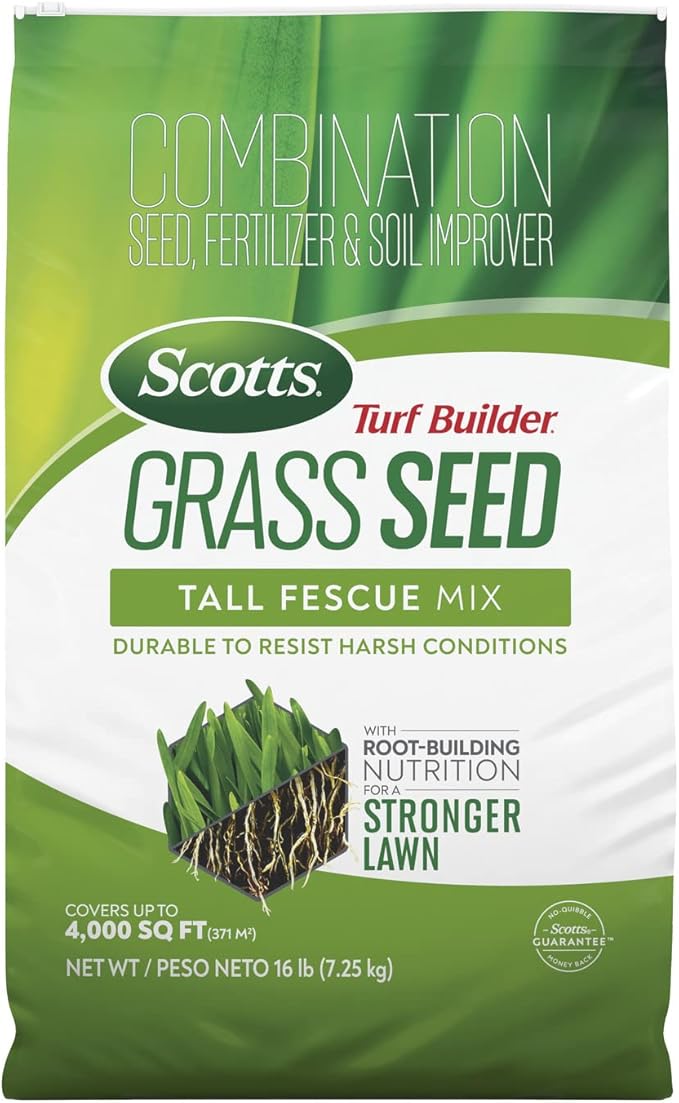 Scotts Turf Builder Grass Seed Tall Fescue Mix with Fertilizer and Soil Improver Resists Harsh Conditions 16 lbs.