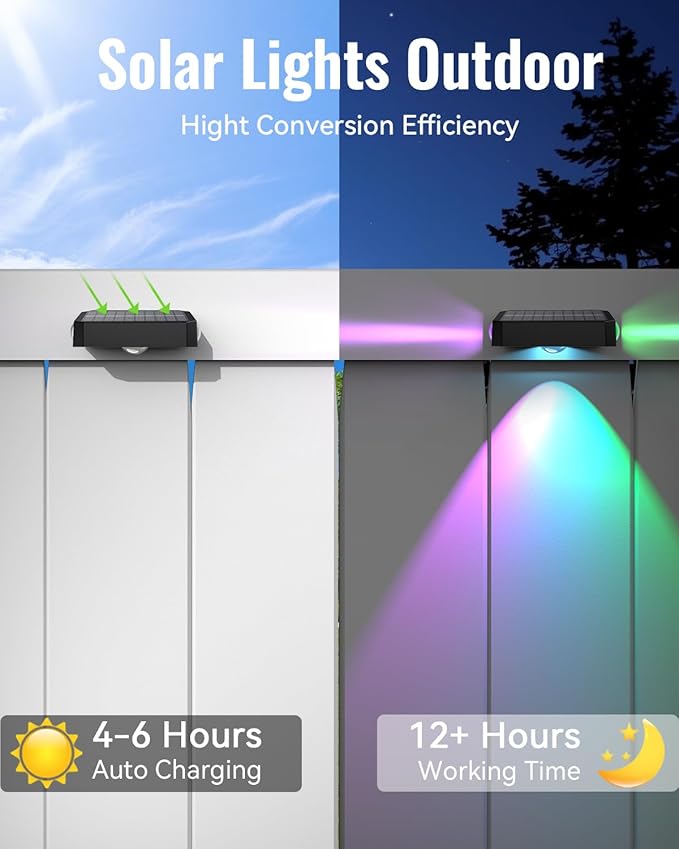 Solar Fence Lights Outdoor with 3-Way Lensed Lighting Fence Light Solar Powered 12 Mode RGB Color Changing Warm/Cool White IP65 Waterproof for Deck Wall Patio Backyard Outside(12 Pack)