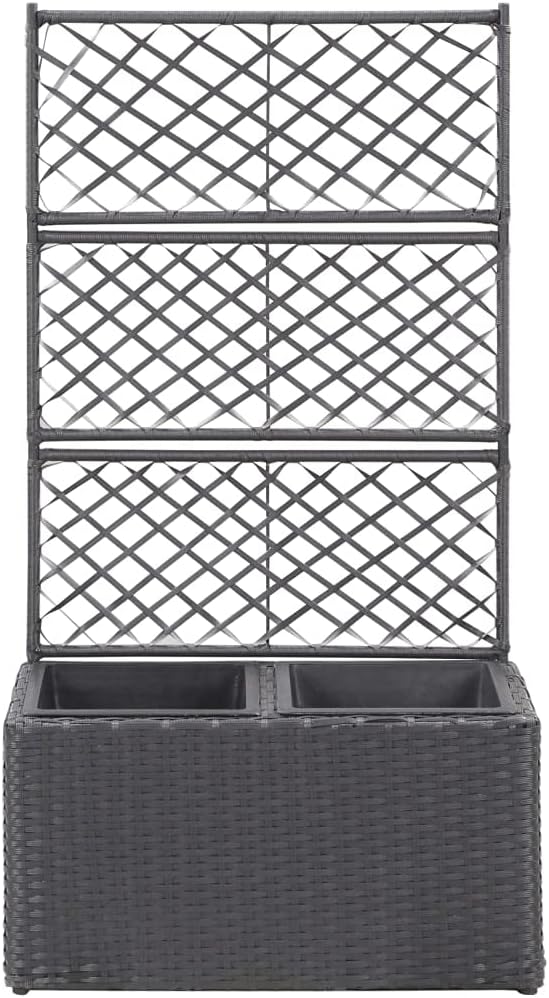 Free-Standing Planter for Garden Yard Trellis Raised Bed with 2 Pots 22.8x11.8x42.1 Poly Rattan Black