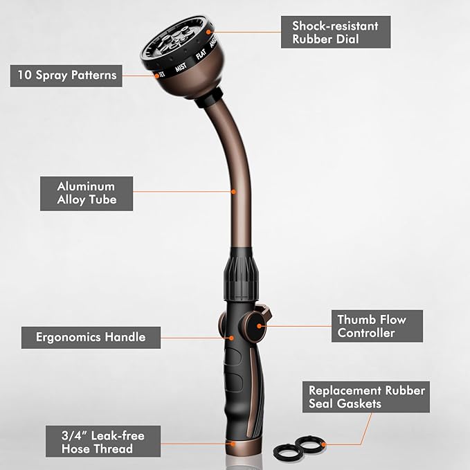 RESTMO Watering Wand Heavy Duty Metal Garden Hose Wand with Thumb Flow Control 15-Inch Long Hose Nozzle Sprayer with 10 Spray Patterns Ideal to Water Hanging Baskets and Shrubs Oil Rubbed Bronze
