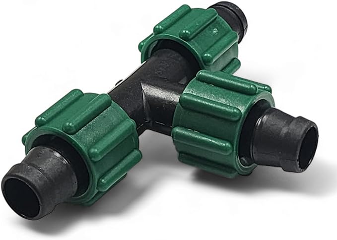 USA Made - Premium Drip Tape Irrigation Tubing 3 Way TEE 100 Pack (5/8 or .625 - .645) Universal Perma-Loc Connector Barbed Locking Fitting - Fits All Brands 16mm Drip Tape AG Tubing